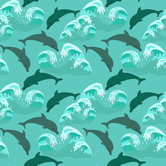 Naklejka premium Seamless pattern with dolphins playing in the waves in green colors
