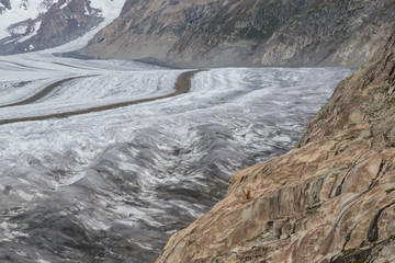glacier Aletsch surface with crevasses and rocks