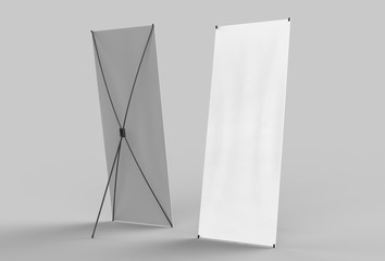 X-STYLE COLLAPSIBLE BANNER STAND READY FOR YOUR DESIGN. Blank white 3d rendering illustration.