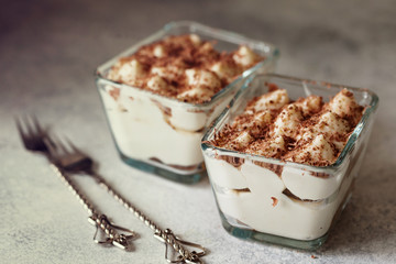 Tiramisu dessert cake in portion bowl