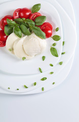 Mozzarella with tomato and green basil.