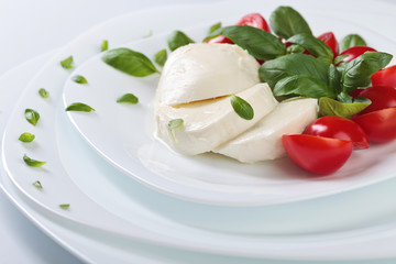 Mozzarella with tomato and green basil.