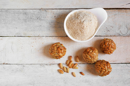 Preparing some typical Spanish pastry "panellets" in Catalonia at All Saint's Day. Empty copy space for Editor's content. Top view.