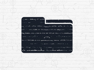 Finance concept: Painted black Folder icon on White Brick wall background with Scheme Of Binary Code
