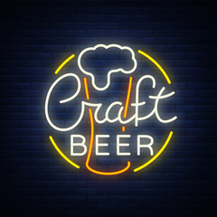 Original logo design is a neon-style beer craft for a beer house, bar pub, brewery brewery tavern, stuffing, pub, restaurant. Night beer advertising, neon glowing bright sign