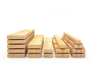 Various wooden boards and planks in stacks front view on white background. Construction materials. 3D illustration