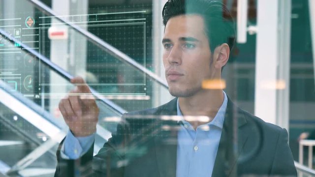 Futuristic businessman, student in a suit, uses a holographic hologram for the world's fast, speed Internet, connect with contacts, quick search, location Concept business future, network, connection.