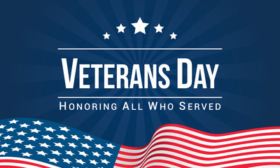 Veterans Day Vector illustration, Honoring all who served, USA flag waving on blue background.
