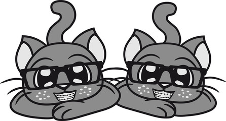 paar 2 freunde team nerd geek hornbrille zahnspange pickel intelligent schlau liegend entspannen anschleichen kind baby hübsch süß niedlich katze kätzchen comic cartoon design haustier