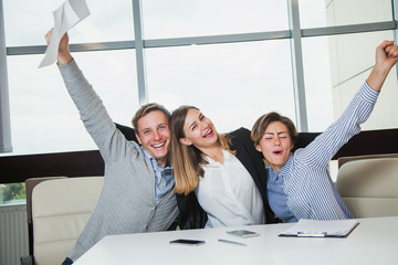 Business team celebrate victory success goal achievement happy smile expression positive emotion, three young students joyful about finishing course work