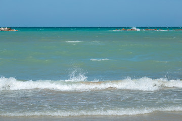 Sea Aerial view, Top view,amazing nature background.The color of the water and beautifully bright.Azure beach with rocky mountains and clear water of Thailand ocean at sunny day.flying drone,sea view