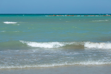 Sea Aerial view, Top view,amazing nature background.The color of the water and beautifully bright.Azure beach with rocky mountains and clear water of Thailand ocean at sunny day.flying drone,sea view