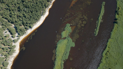 Gauja river Latvia drain into Baltic Sea aerial drone top view