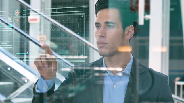 Futuristic businessman, student in a suit, uses a holographic hologram for the world's fast, speed Internet, connect with contacts, quick search, location Concept business future, network, connection.