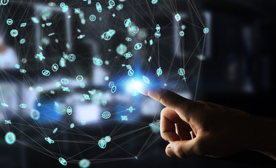 Fototapeta premium Businessman using flying network connection interface 3D rendering