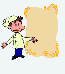 White chef disoriented and worried. Is showing, as if he were in front of a blackboard, the data you want.