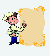 White chef decided, somewhat angry. Is showing, as if he were in front of a blackboard, the data you want.