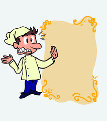 Very scared white chef. Is showing, as if he were in front of a blackboard, the data you want.