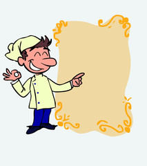 Happy white chef makes the gesture of ok. Is showing, as if he were in front of a blackboard, the data you want.