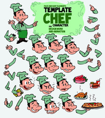 White chef. Face and body elements, parts of body template for design work and animation. Vector illustration to Isolated and funny cartoon character.