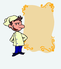 Quiet and relaxed white chef. Is showing, as if he were in front of a blackboard, the data you want.