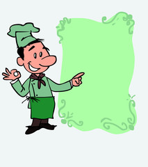 Happy white chef makes the gesture of ok. Is showing, as if he were in front of a blackboard, the data you want.