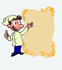 Happy white chef makes the gesture of ok. Is showing, as if he were in front of a blackboard, the data you want.