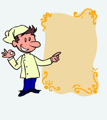 Happy white chef makes the gesture of ok. Is showing, as if he were in front of a blackboard, the data you want.