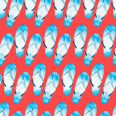 Watercolor seamless pattern with flip-flops on red  background, bright hand-drawn summer  background.