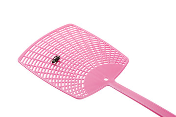 Single pink flyswatter with fly on it isolated on white background. 