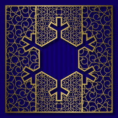 New Year or Merry Christmas greeting card cover background with frame in snowflake shape.