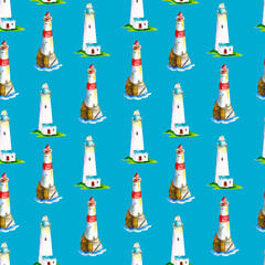 Watercolor seamless pattern with beacons on blue background, bright hand-drawn summer  background.