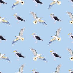 Watercolor seamless pattern with seagulls on blue background, bright hand-drawn summer  background.