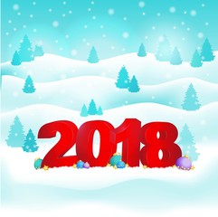 New Year background with 2018.Snow and green out with the snow and hills and trees with the words and balloons.Vector