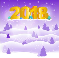 Fototapeta na wymiar New Year background with 2018 and hills and purple trees.