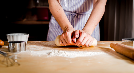Obraz na płótnie Canvas women's hands knead the dough on the table,