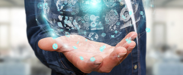 Businessman using holograms datas digital sphere 3D rendering