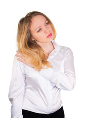 Girl blonde sore shoulder. Isolated on a white background. Mockup