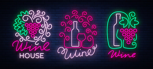 Wine logos set in trendy neon style. Logo, neon signs glowing banner. Bright sign for the menu, bar, restaurant, wine list, wine house, wine label, vineyard, winery. Vector illustration