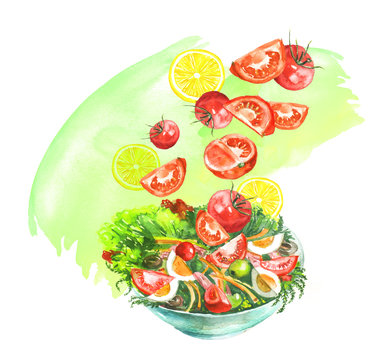 A plate of vegetable salad, tomatoes, greens, cucumbers, onions, olives, eggs, dill, parsley, cherry tomatoes. Handmade drawing on white isolated background. Splash, spray green paint.