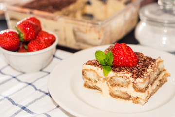 Tiramisu cake, Homemade tiramisu dessert Traditional Italian cuisine, Selective focus