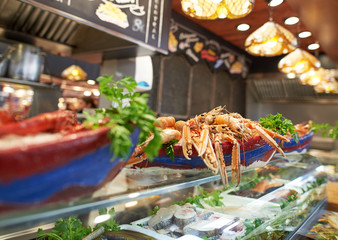Seafood prawns in tapas restaurant bar