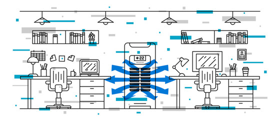 Office floor air conditioner vector illustration with decorative elements. Open space office room with vertical air conditioner (ac) line art concept.