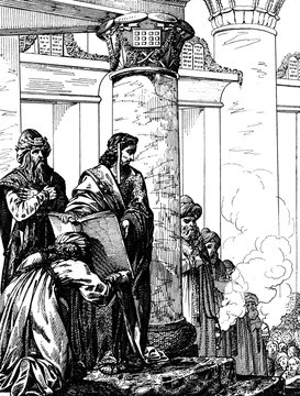 Josiah reads to the people the book of Moses.