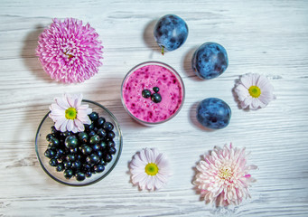 Fruit and berry smoothie in a glass, ripe plums, black currant and pink and white aster  flowers on wooden background