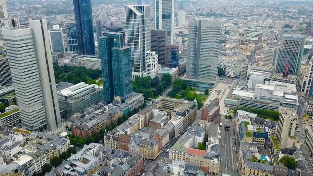 aerial view of business area in Frankfurt city with skyscrapers