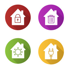 Houses flat design long shadow glyph icons set