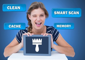 Woman holding tablet with Clean cache scan buttons and brush © vectorfusionart