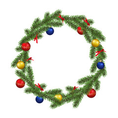 Fototapeta na wymiar Vector realistic beautiful christmas wreath frame decorated with colorful baubles and ribbons isolated on white background