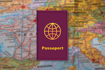Passport on a map of France and Europe